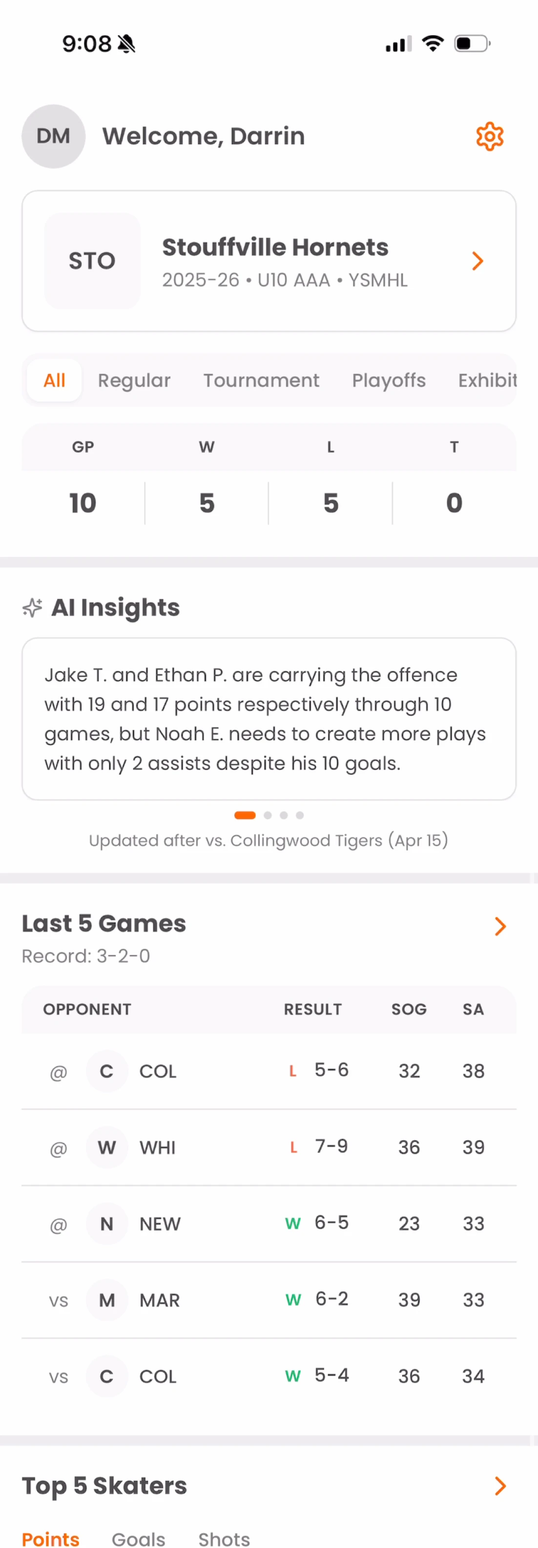 Elevate Hockey Stats app on a phone